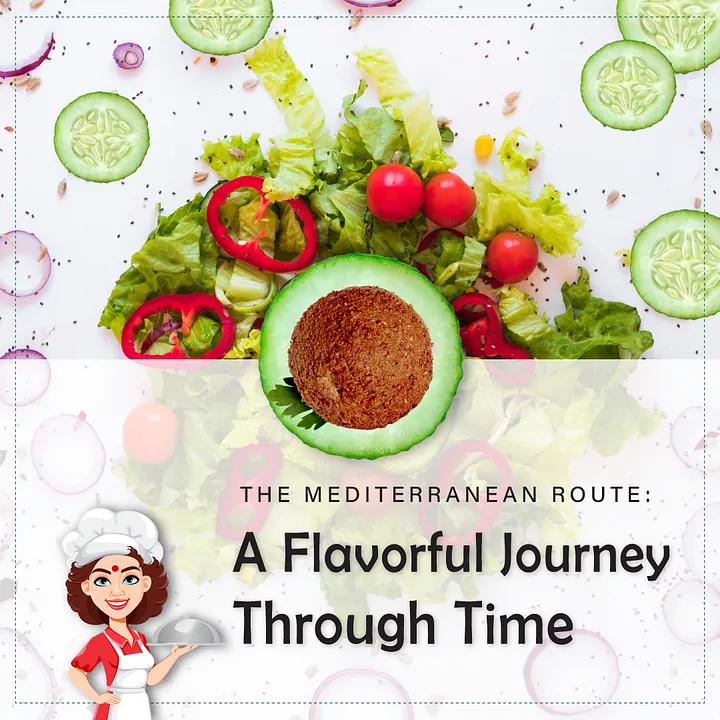 a picture of mediterranean cuisine and a lady chef holding a dish